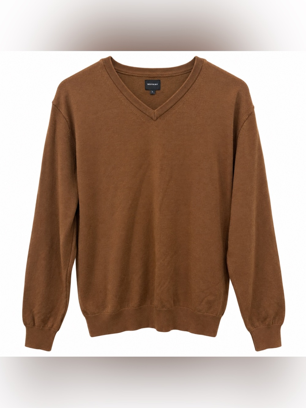 Westbury Premium Men’s L Brown 100% Merino Wool V Neck Sweater Pullover